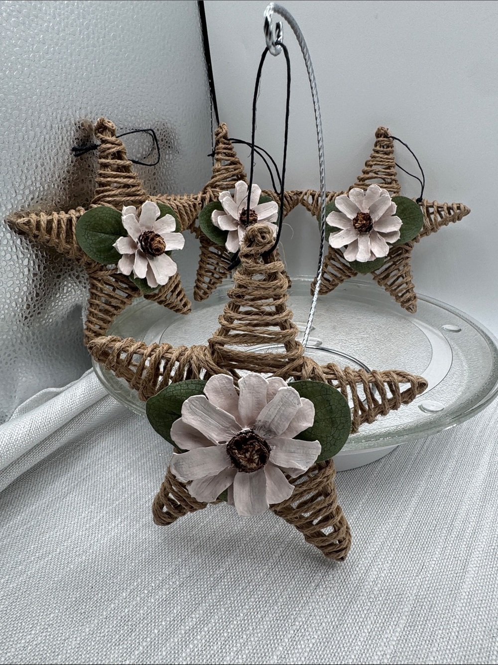Christmas ornament star with pinecone hand, painted flower set of four 5.5x5”